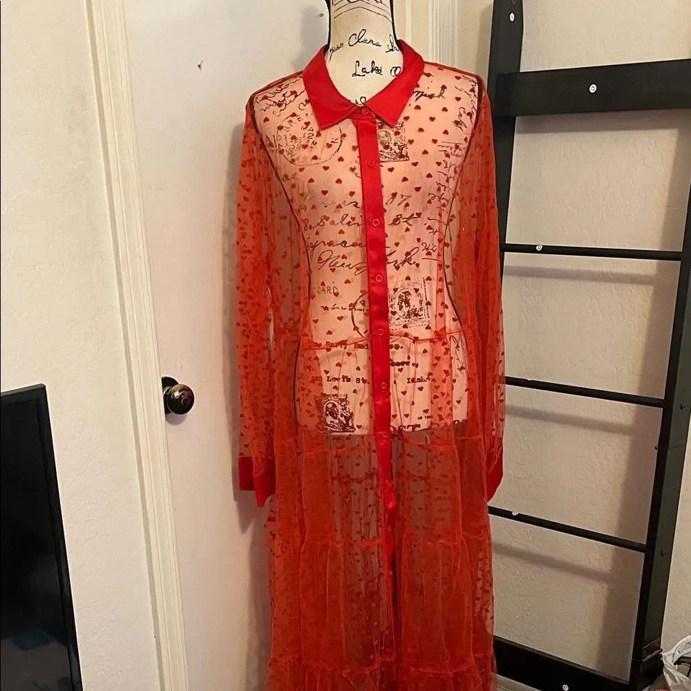 Torrid Heart Design Red Sheer Mesh Long Sleeve Button Kimono Romantic Modern NWT - Picture 5 of 16